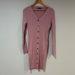 SHEIN Pink Ribbed Long Sleeve Button-Down Bodycon Dress | M | US 6